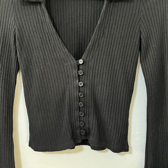 Reformation Collared Ribbed Spencer Top Size S Black Cropped Retro Button Front - Picture 5 of 6